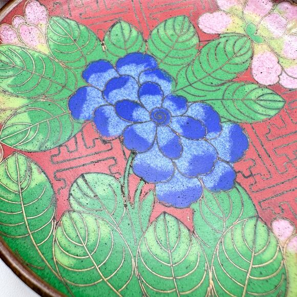 Antique Chinese Cloisonne Cup And Plate Red w Blue Dogwood Pink Lotus Pattern - Picture 4 of 13